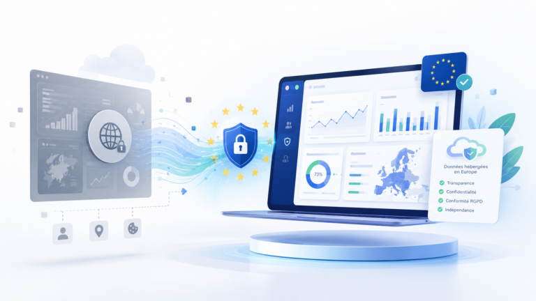 Illustration d’une solution analytique européenne pour mesurer l’expérience digitale réelle, avec tableau de bord, données sécurisées et conformité RGPD.